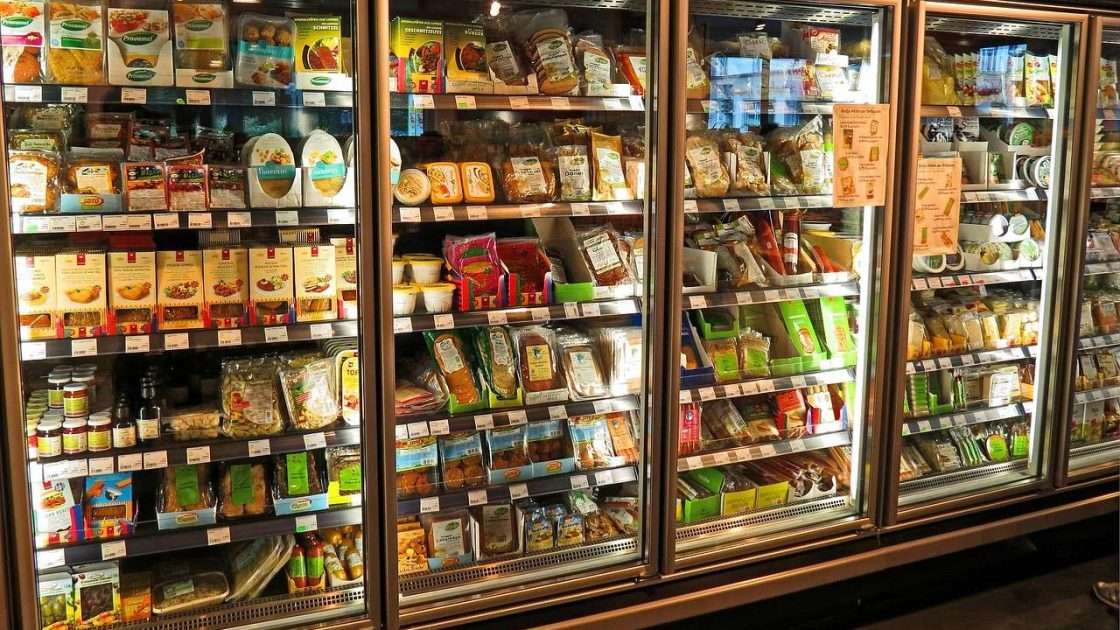 Refrigerated display cabinets in a food store, commercial refrigeration funded on hire purchase or leasing