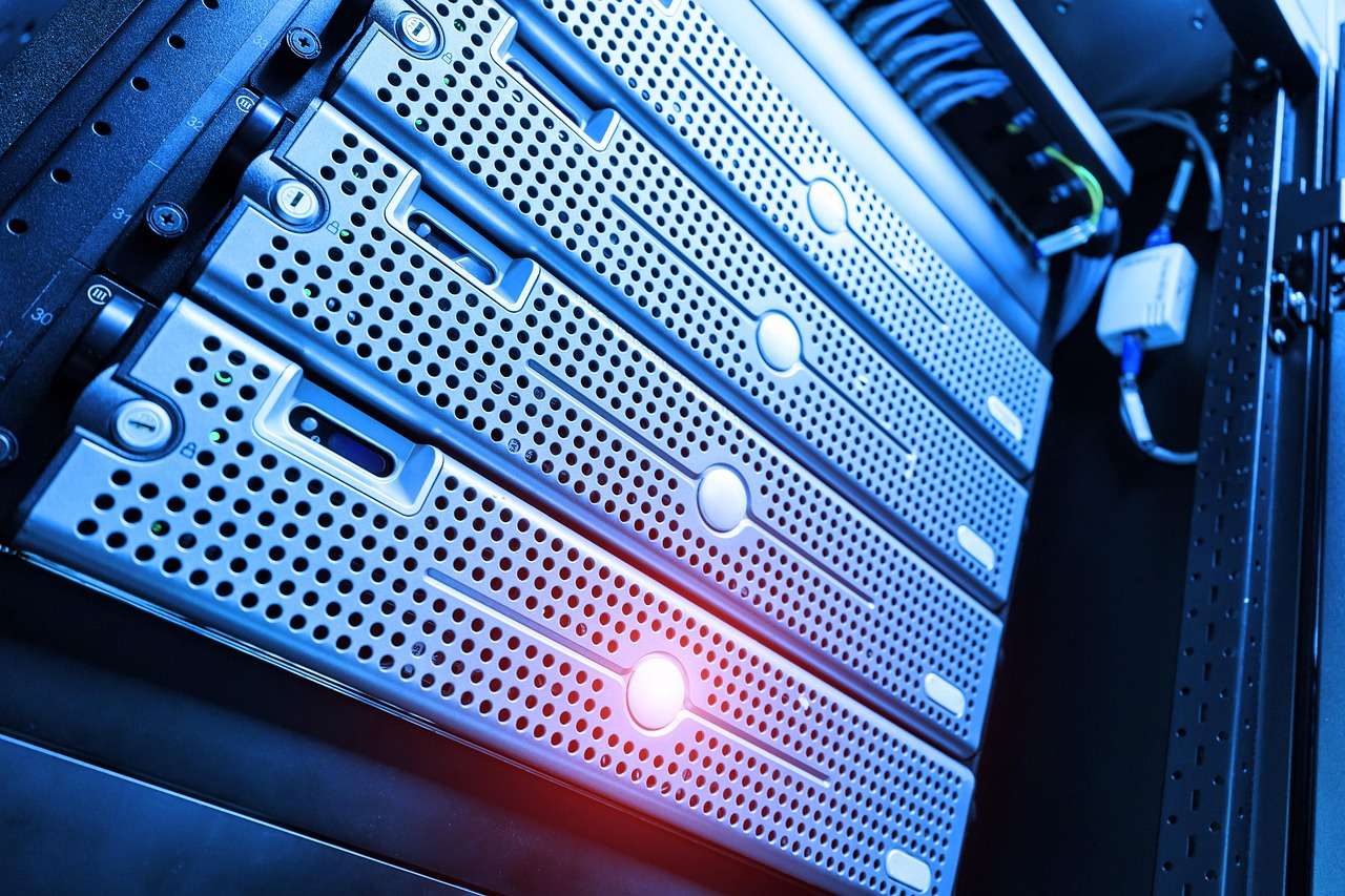 Server racks with network cabling in a business data centre