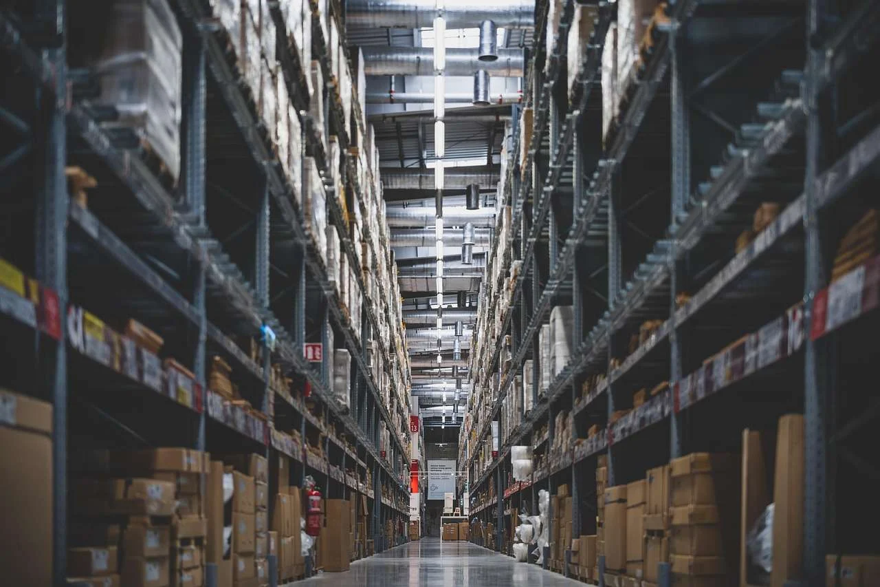 Stocked shelving racks in a warehouse aisle