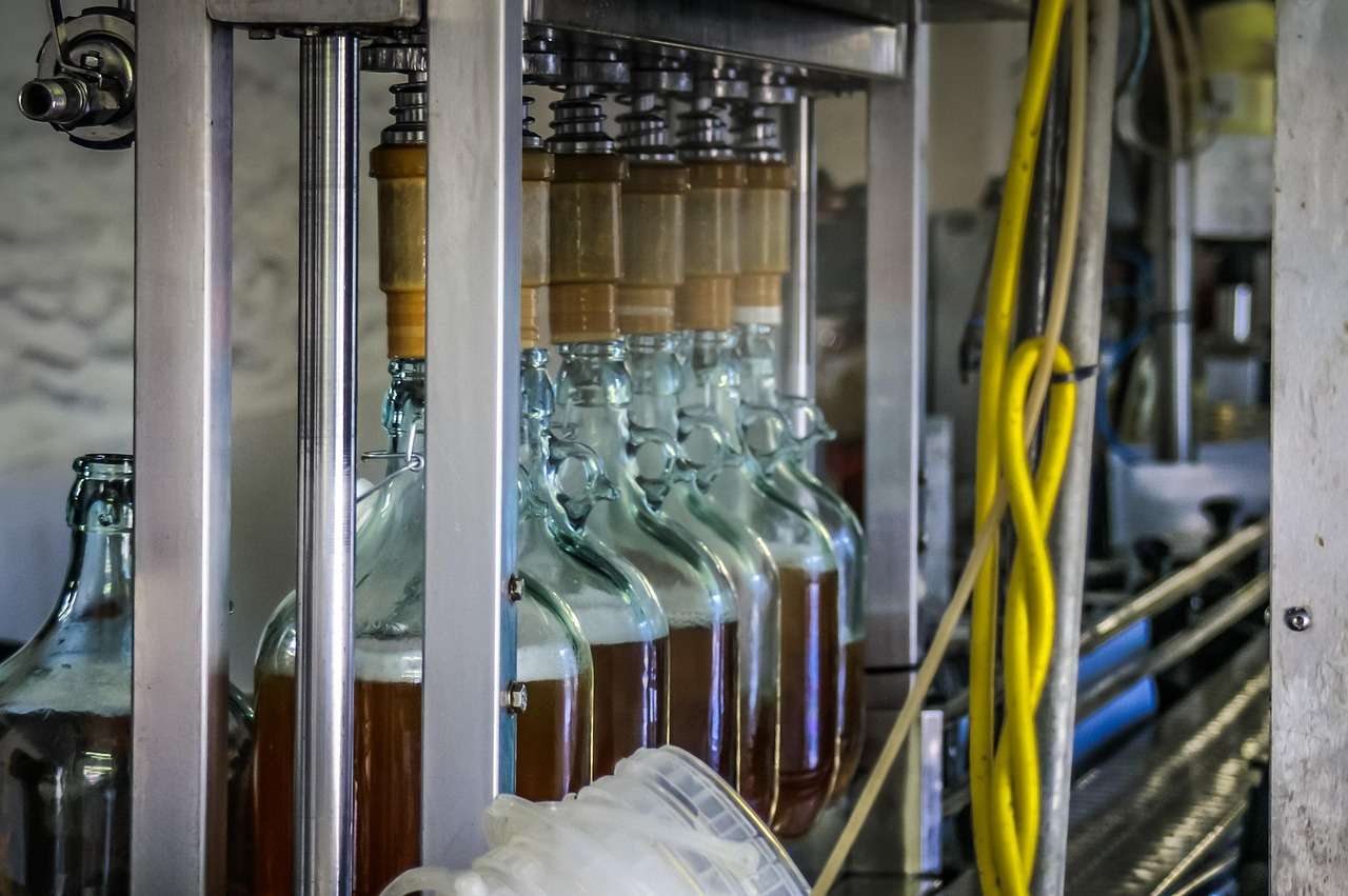 Bottles moving along a cider bottling and filling line