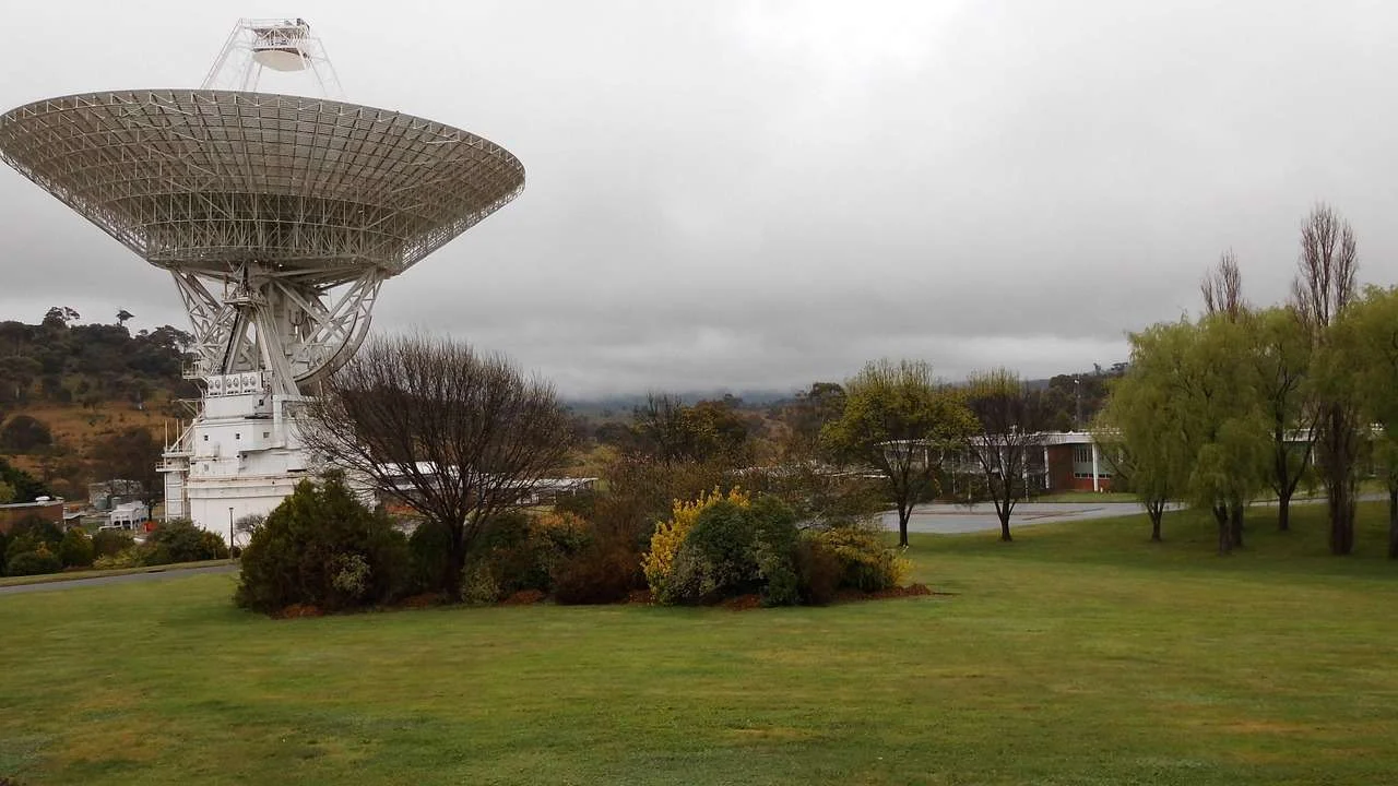 Large satellite tracking dish at a ground station
