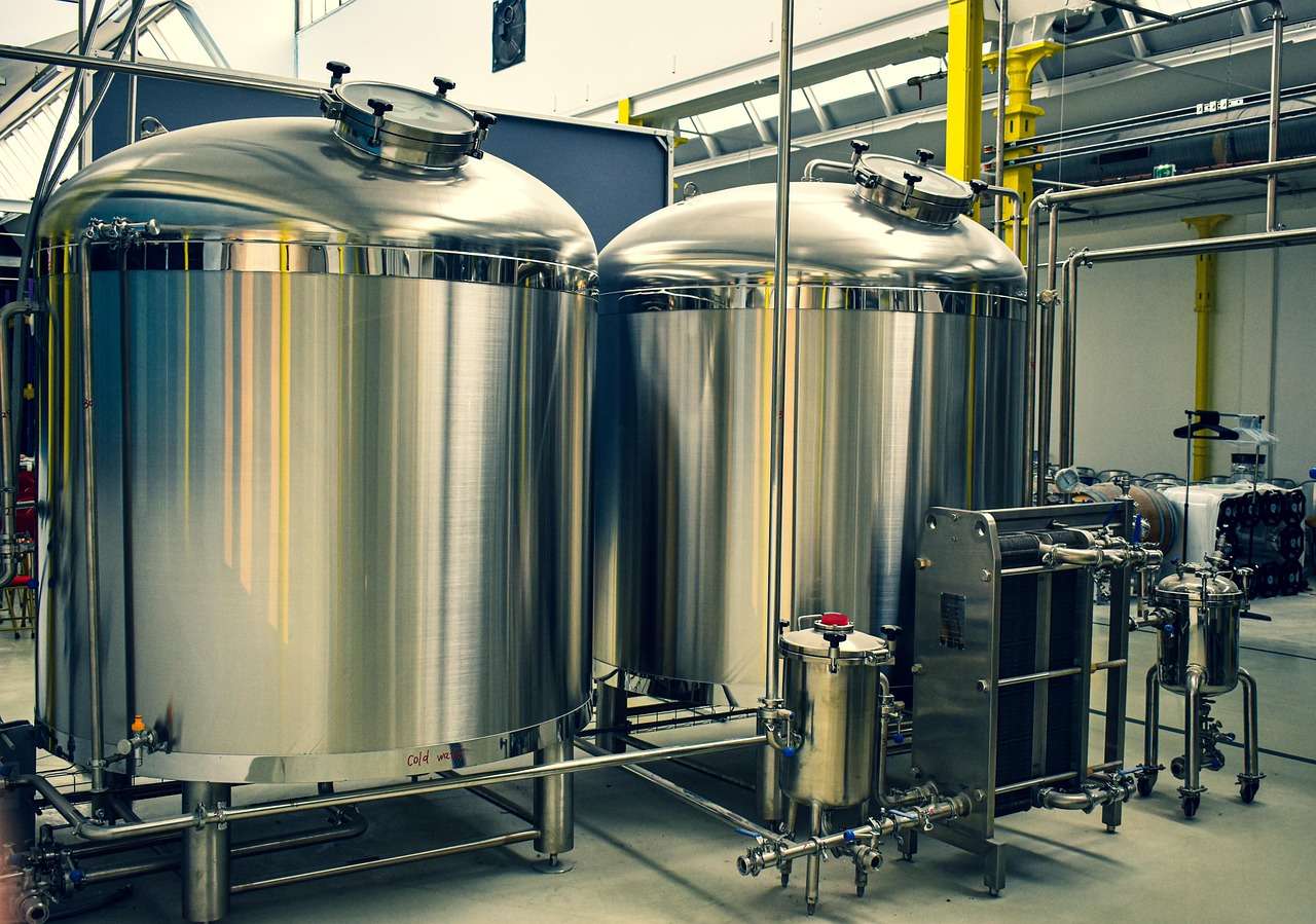 Stainless steel fermentation tanks in a brewery