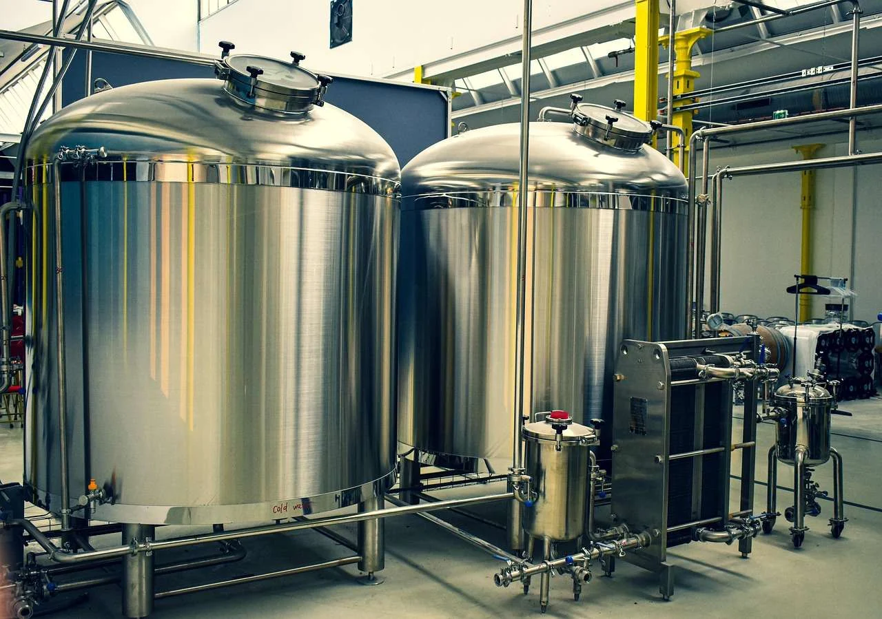 Stainless steel fermentation tanks in a brewery