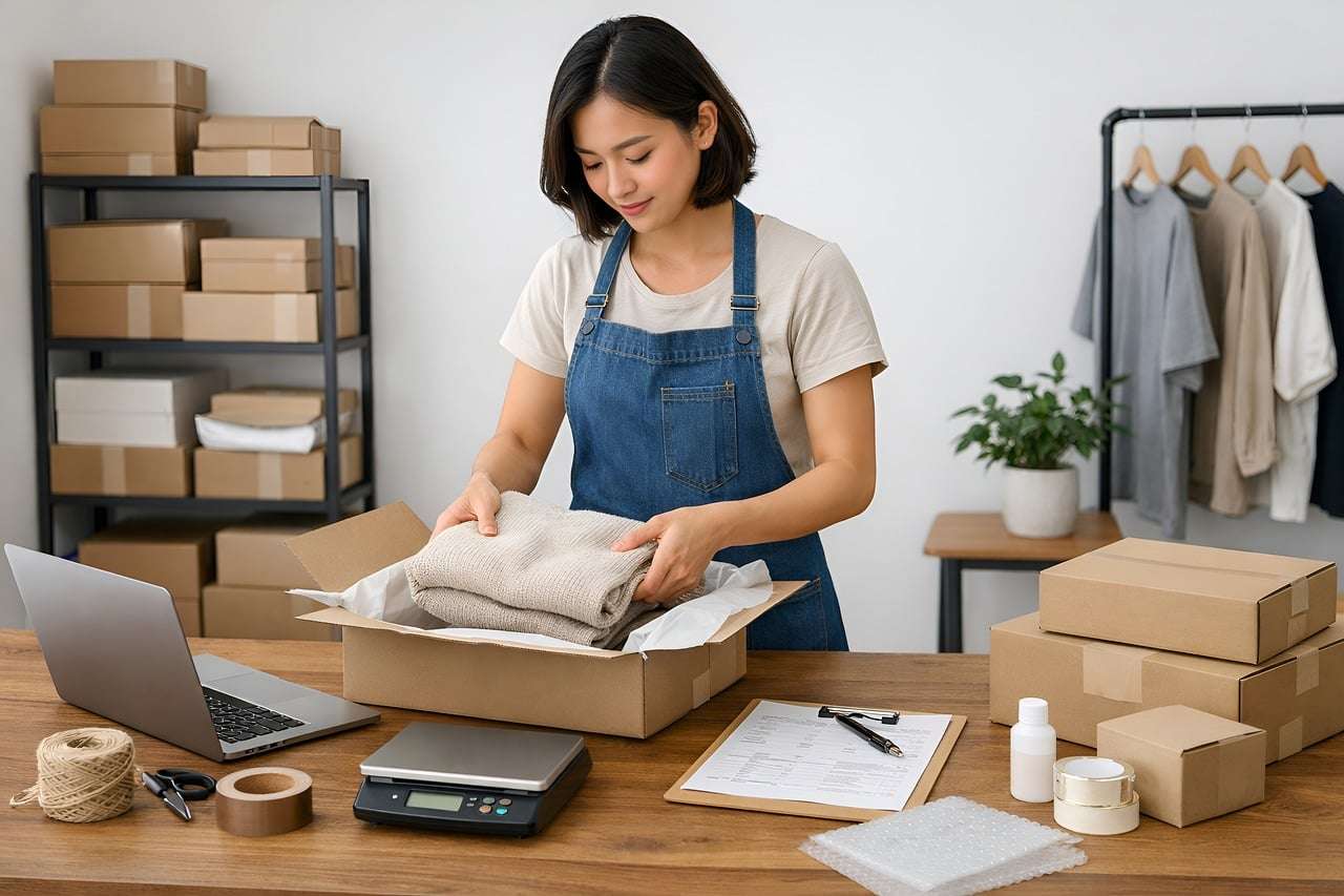 Online store owner packing customer orders for shipping