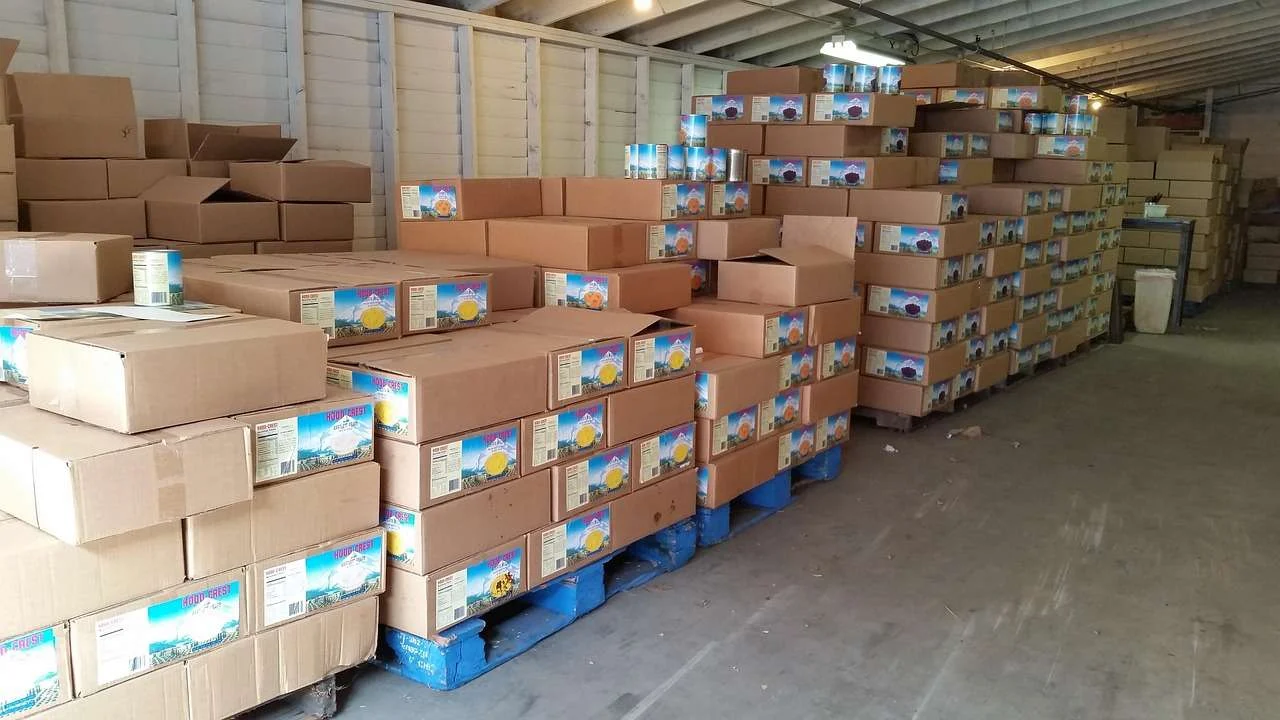 Cased food products stacked on pallets ready for dispatch