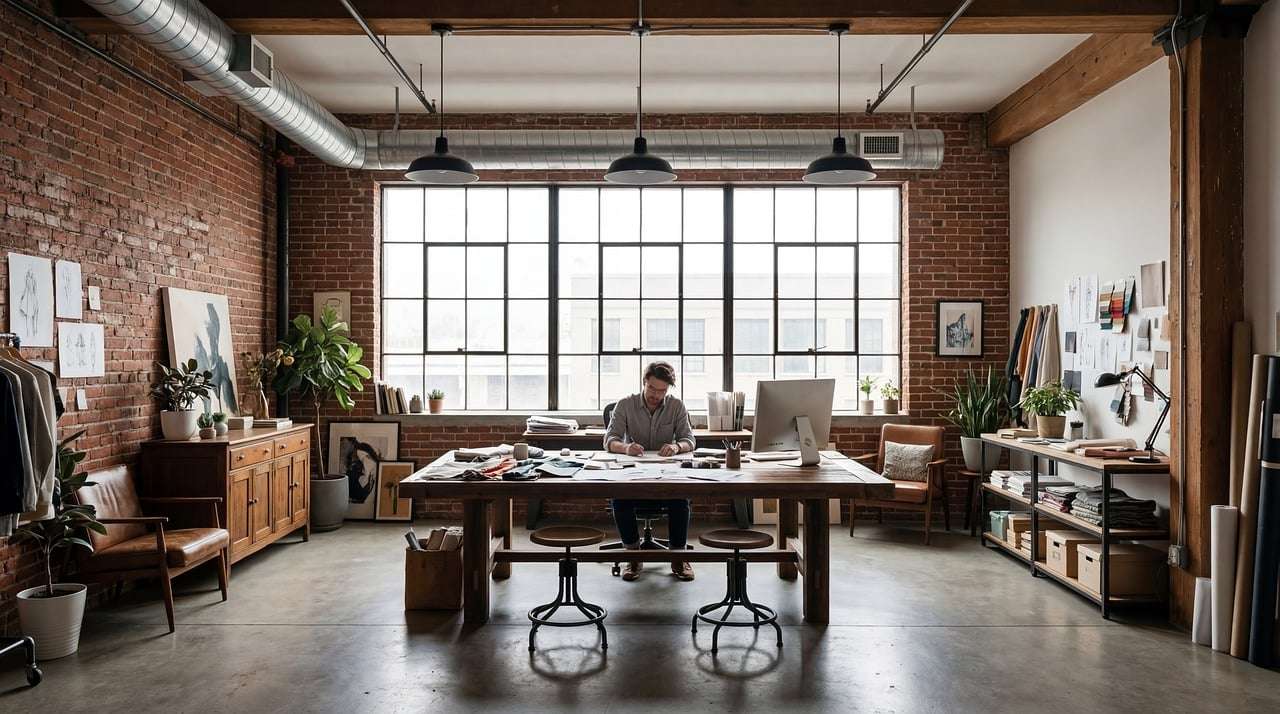 Open-plan office with desks, task chairs and large windows