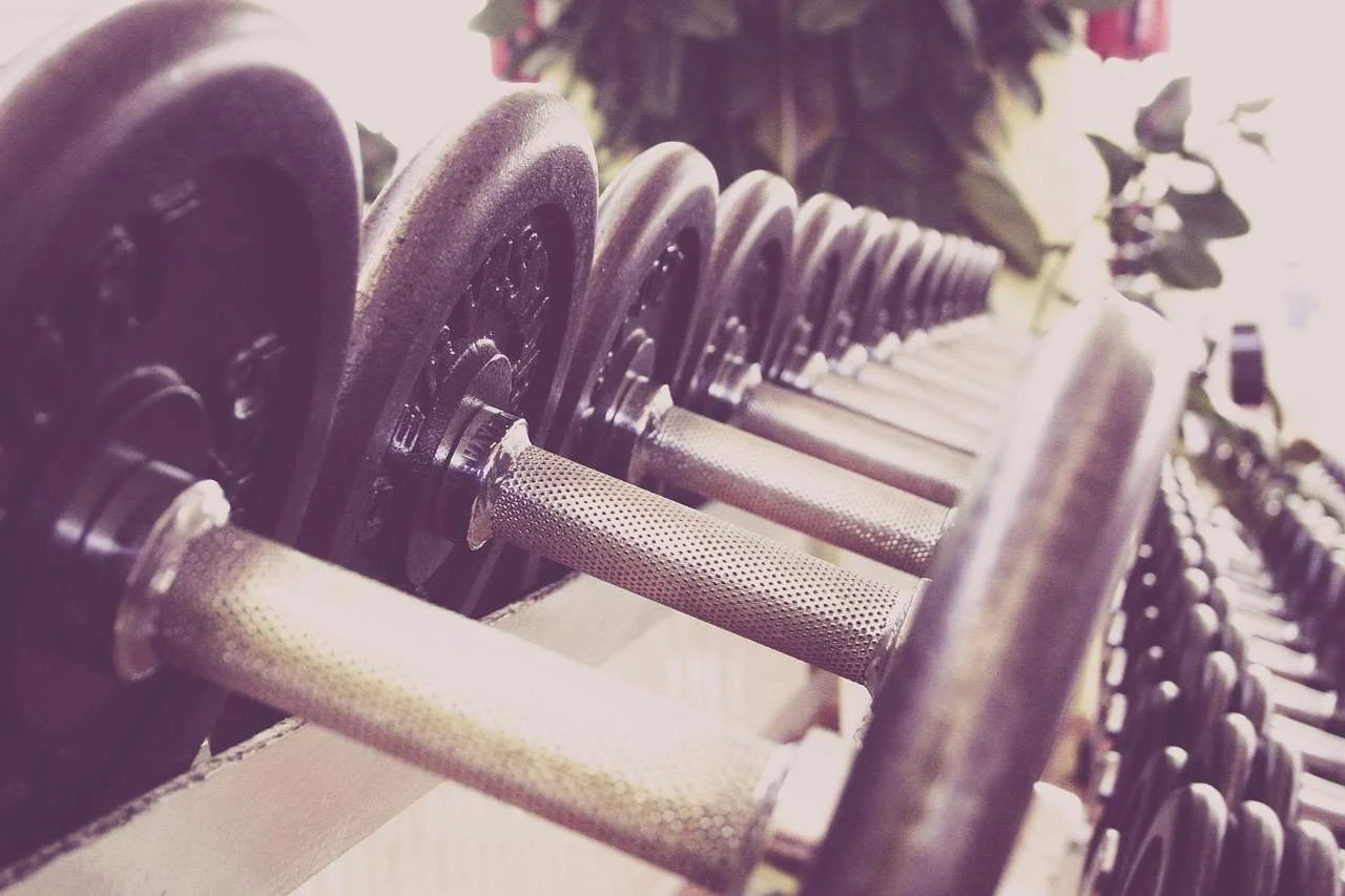 Racks of dumbbells and free weights in a fitness studio