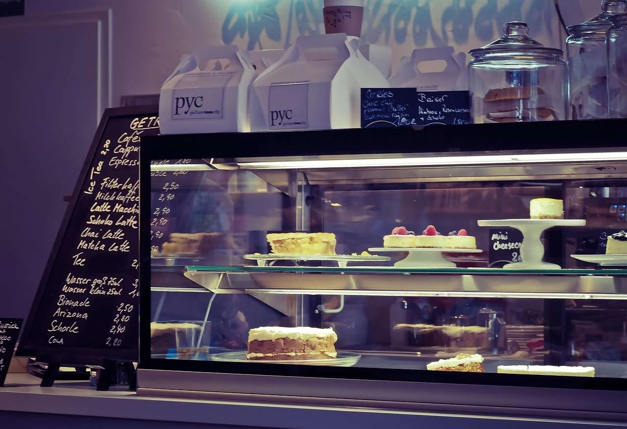 Café cake display counter used for serving customers