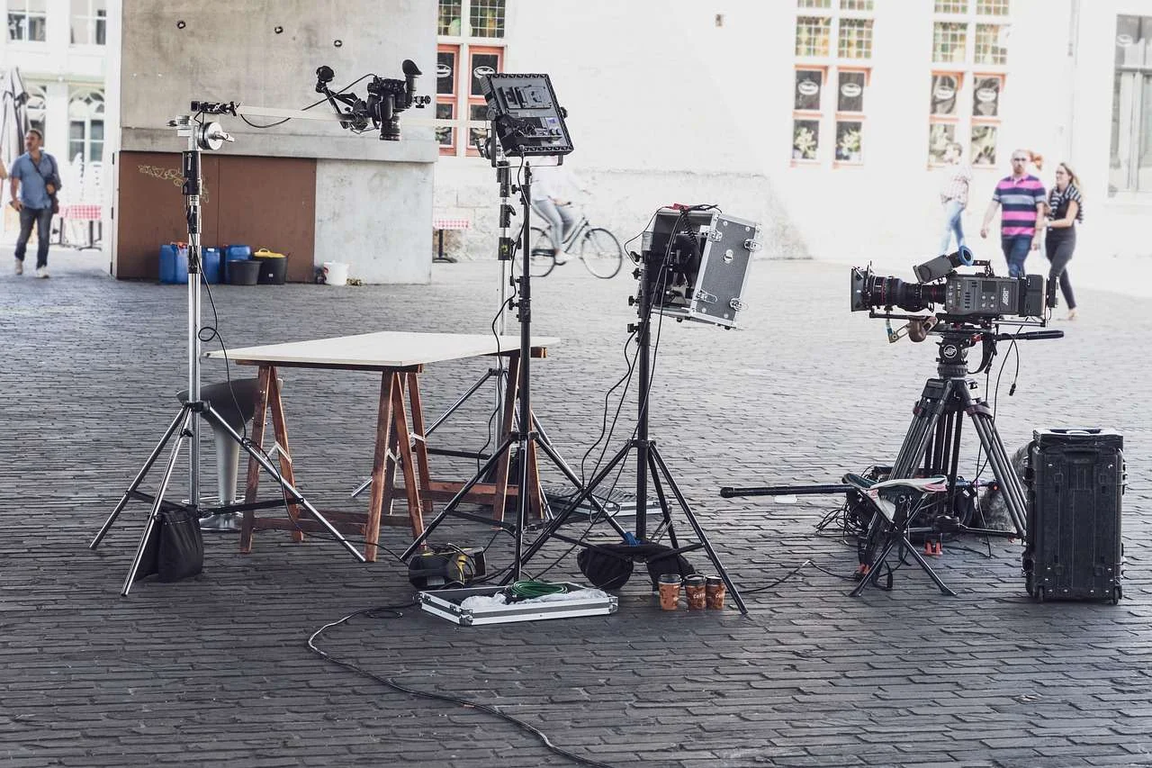Professional film camera set up on location